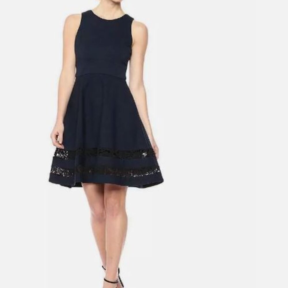 Eliza J Fit & Flare Navy with Black lace dress
